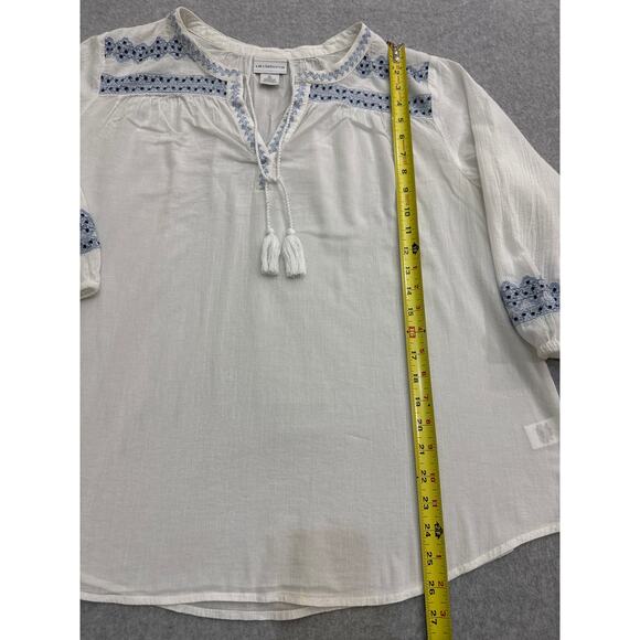 White and Blue Liz Claiborne Embroidered Cotton Peasant Top - Size XL0 - Picture 4 of 7